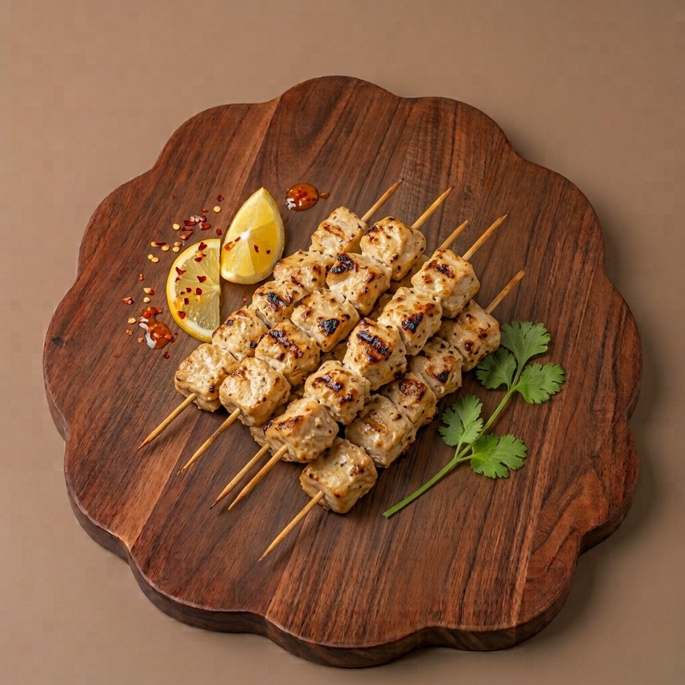 Chicken malai boti skewers with lemon and coriander on a wooden serving board