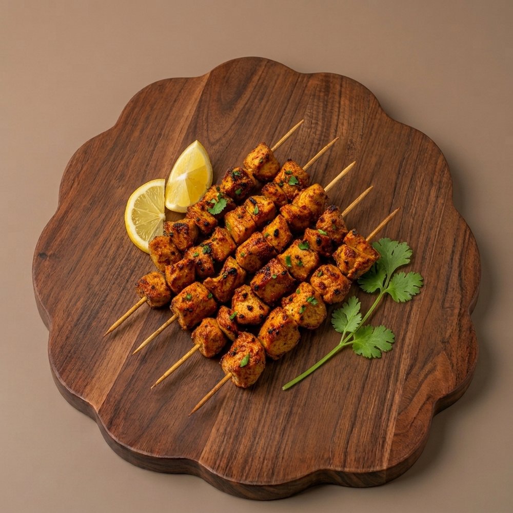 Chicken tikka skewers with lemon wedges and coriander on a wooden serving board