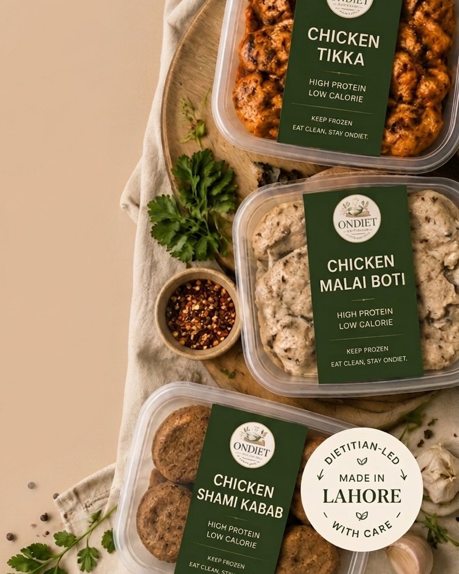 OnDiet Kitchen packs of chicken tikka, chicken malai boti and chicken shami kabab, labelled high protein and low calorie