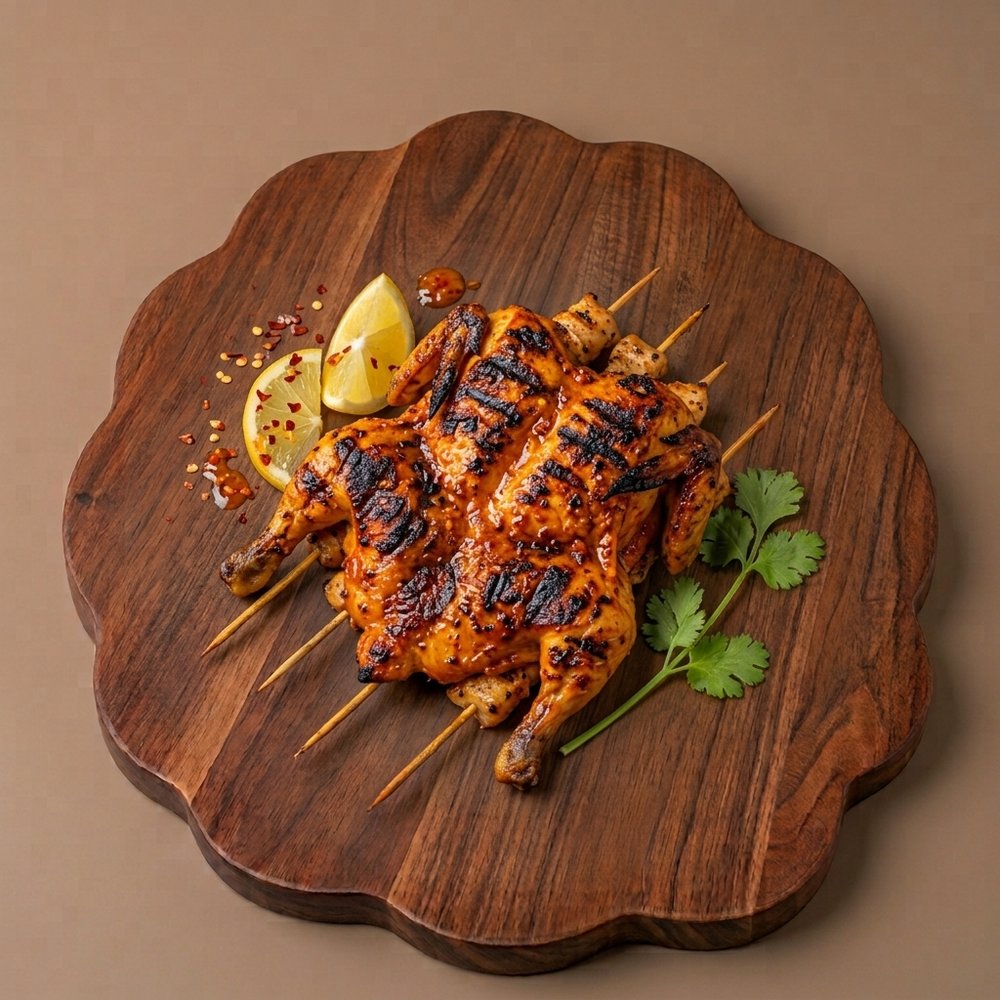 Grilled peri-peri chicken with lemon, chilli flakes and coriander on a wooden serving board