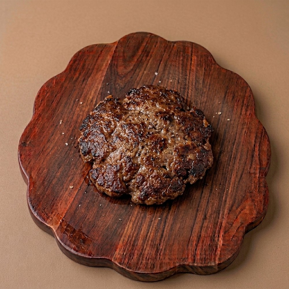 A cooked smash patty with a seared crust on a wooden serving board