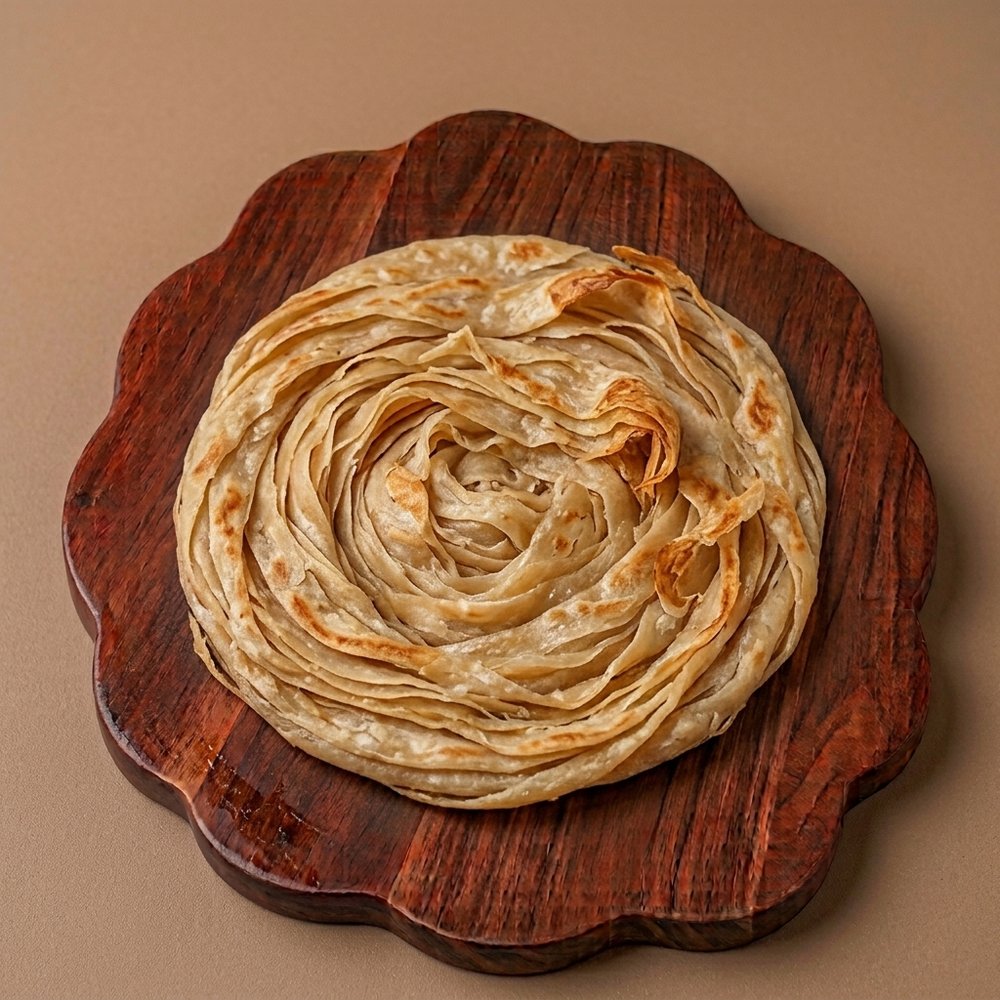 A layered whole wheat lachha paratha on a wooden serving board